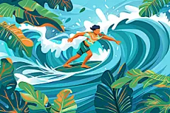 扁平风冲浪夏季彩色插画