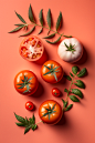淡红色背景上的五个西红柿和大麻，俯视图，佳能 RF 16mm f2
