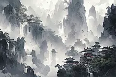 古风建筑古风山水树木壁纸素材