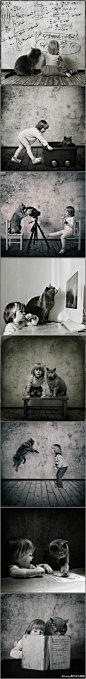 #SAINTY##私享# 【We trust in love】这是摄影师Andy Prokh为自己的女儿和一只名叫Tom的宠物猫拍摄的照片，命名为“We trust in love”。希望孩子和动物在彼此陪伴和信任中一起成长。  #创意# #黑白#