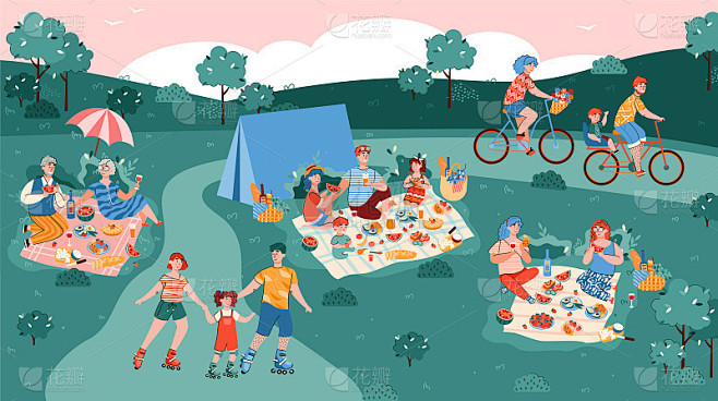 夏季公园与人们在野餐休息，平面卡通矢量插...