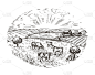 牛在牧场上吃草。用素描的风格来描绘农业。