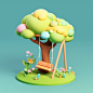 Dribbble style, 3D art, cute little tree, swing, simple geometry, bright colors, C4D, blander, octance rendering, high details 8k