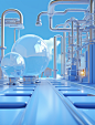 3d model of laboratory background material based on envray with transparent spheres, in the style of miki asai, industrial machinery aesthetics, light blue and white, lo-fi aesthetics, machine aesthetics, rendered in cinema4d, michael craig-martin