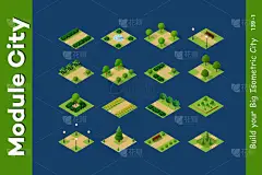 等距3d 集公园与三维城市的树木