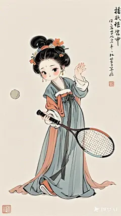 全景,水墨插画,极简主义，漂亮的唐代女士插画,女士打网球，现代人物与古风工笔画结合，画风细腻成熟，独特的风格，识别度高，人物讨喜又不失韵味，可爱的Q版唐代风俗画图，背景简洁，纯色背景。 (3)