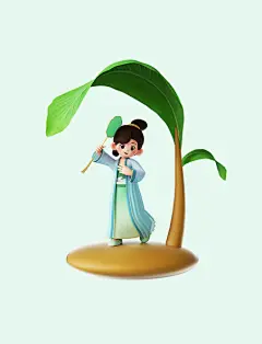 3D立体C4D可爱古风汉服少女叶子下躲雨人物
