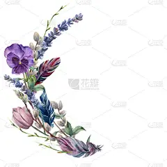 水彩春天羽毛花圈。手绘边框与薰衣草, 紫罗兰花, 柳树, 郁金香和树枝, 叶子被隔离在白色的背景。设
