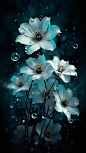 beautiful white flowers with blue backgrounds, in the style of light blue and dark aquamarine, dark gray and light blue, resin, luminous colors, flowerpunk, light blue, dark white and blue, water drops