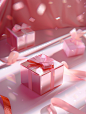 pink boxes and a bow on a white background, in the style of daz3d, soft edges and blurred details, cyril rolando, glass as material, valentine hugo, flat, limited shading, contest winner