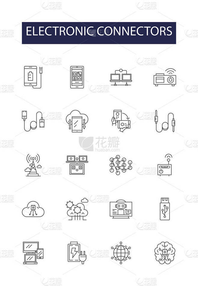 电子连接器线矢量图标和符号.针头、插头、插头、麻袋、 SMA 、连接器、同轴、 SMB矢量图形集