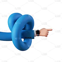 3d渲染，卡通人物打结的手在蓝色的袖子显示方向，指向右边。援助的概念。商业剪辑艺术孤立的白色背景