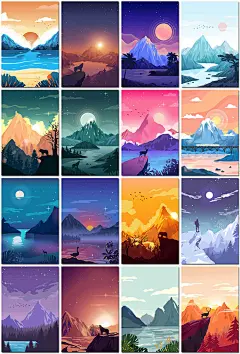扁平化山水海报风景大自然唯美励志背景插图插画海报模板设计素材-淘宝网