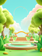 3d stage setting with green grass and green trees, in the style of storybook-like, soft and rounded forms, song dynasty, brightly colored, eye-catching, high definition, nostalgic subjects