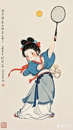 全景,水墨插画,极简主义，漂亮的唐代女士插画,女士打网球，现代人物与古风工笔画结合，画风细腻成熟，独特的风格，识别度高，人物讨喜又不失韵味，可爱的Q版唐代风俗画图，背景简洁，纯色背景。