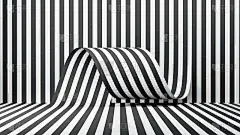 3d渲染，抽象的时尚背景与折叠的纺织丝带或纸与黑白线