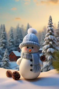 可爱冬天雪人植物树木素材图片