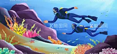 海底潜水  - 源文件下载【酷图网】潜水,海底,漫画,游泳,挑战,珊瑚,