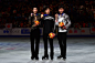 Silver medalist Yuzuru Hanyu of Japan gold medalist Nathan Chen of the United States and bronze medalist Vincent Zhou of the United States pose for...