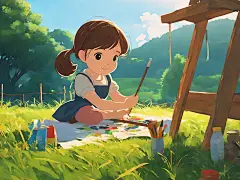 AI数字艺术吉卜力风草地上画画的女孩