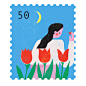 Girl and Flowers | 花と少女 : Stamp Illustrations