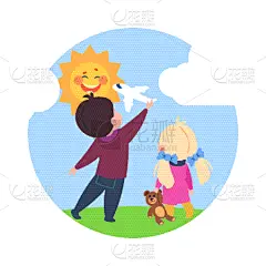小的,女孩,男孩,动画片,可爱的,玩具,云,儿童,休闲,相伴