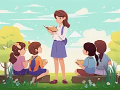 卡通手绘教师节插画在室外老师认真上课学生认真听课蓝天白云草地插画海报