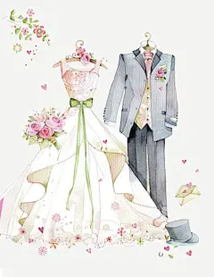 手绘婚纱免抠素材_元小素 https://iipng.com 婚庆素材 婚礼 婚纱 手绘素材 捧花 正装 礼服