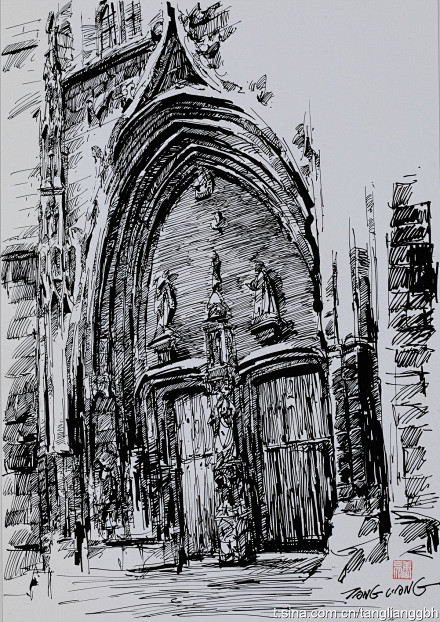 黑白钢笔画[教堂门前]