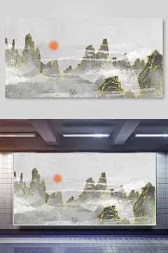 古风秀美金线山水烫金国潮背景海报