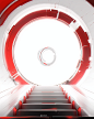 a white and red design and 3d time travel portal image, in the style of 32k uhd, studio lighting, light white, smooth and shiny, high-angle, zen minimalism, tondo