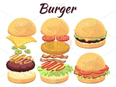 分离着色,汉堡包,速食炸薯条,白色背景,漫画,热,菜单,清新,莴苣,午餐