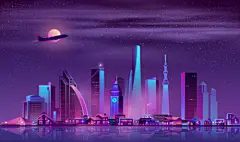 矢量蒸汽波城市地标渐变夜景风景插画手绘赛博朋克图案AI设计素材