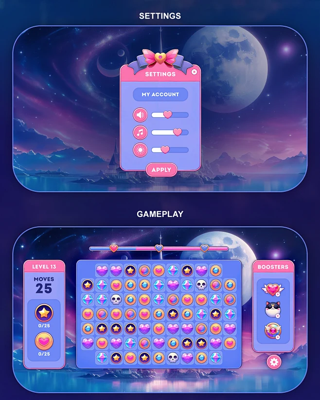 game design Game Art UI/UX game ui match-3 game sailor moon casual game ...