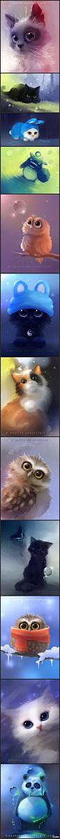 Apofiss水彩插画，用色细腻，画面空灵，猫咪、龙猫、猫头鹰...天然呆加上大眼睛，超萌！→http://t.cn/zTbdMhF