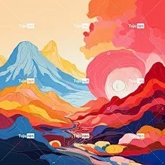 五颜六色的山亭子树与中国工艺红色黄色蓝山海报