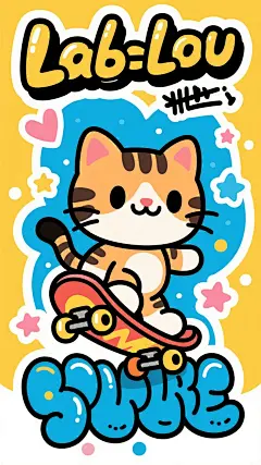 moonlab风格Q版虎斑猫踩滑板涂鸦