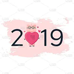 矢量插图。2019卡与猪在手上绘制油漆斑点。卡通粉色小猪，戴着眼镜，带着爱心。2019年
