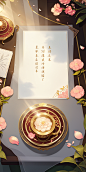 92532-3410730231-Game interface,(a piece of Chinese painting paper white),placed on the table,Chinese text,petals,book,scenery,red cover (gold ba