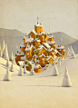 environment, houses, village, winter, snow, trees, yellow, white, illustration, 3d, game, design, town, hill