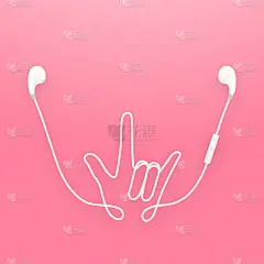 无线和遥控耳机，耳塞式白色和我爱你手手语由电缆隔离在粉红色渐变背景，有拷贝空间