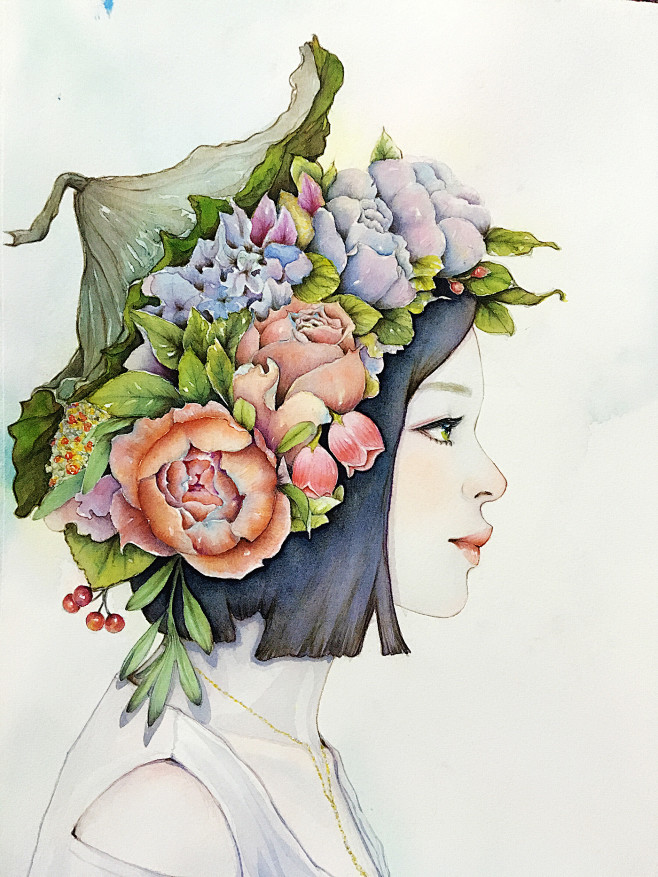 水彩女孩花