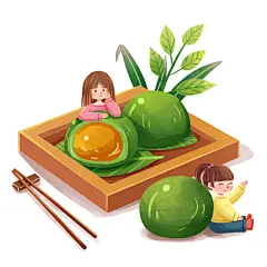 手绘中式清明节青团山水人物春天绿色元素