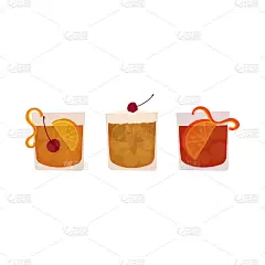 手绘向量插图内格罗尼，老式，威士忌酸酒精鸡尾酒饮料。孤立在白色背景上。