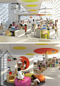 Library Design | Children's Library | ying yang public library by evgeny markachev + julia kozlova | The Design Language of Form, Colour, Line & Light depicted in a functional children's library....just love this!: 