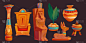 古埃及的神像和法老雕像、王座、花瓶和用于宫殿、寺庙或坟墓的柱子。金字塔内部物体，法老和努比亚雕塑，矢