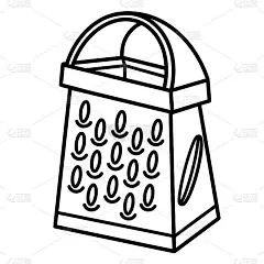 刨丝器矢量图标。手绘插图孤立在白色背景上。用来磨奶酪，胡萝卜，大蒜的厨房工具。简单的黑色素描，简洁的