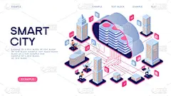智能城市或智能建筑的等距向量概念。智能家居控制概念。概念家园与技术系统。3d 等距向量图.