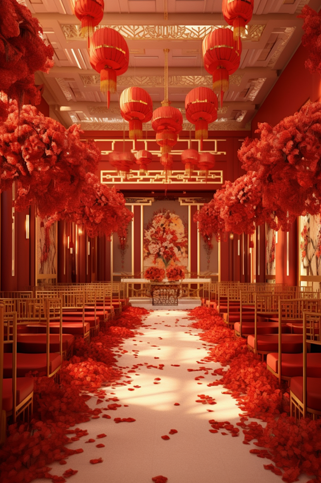 AI数字艺术室内中式宴会厅婚礼现场摄影图...