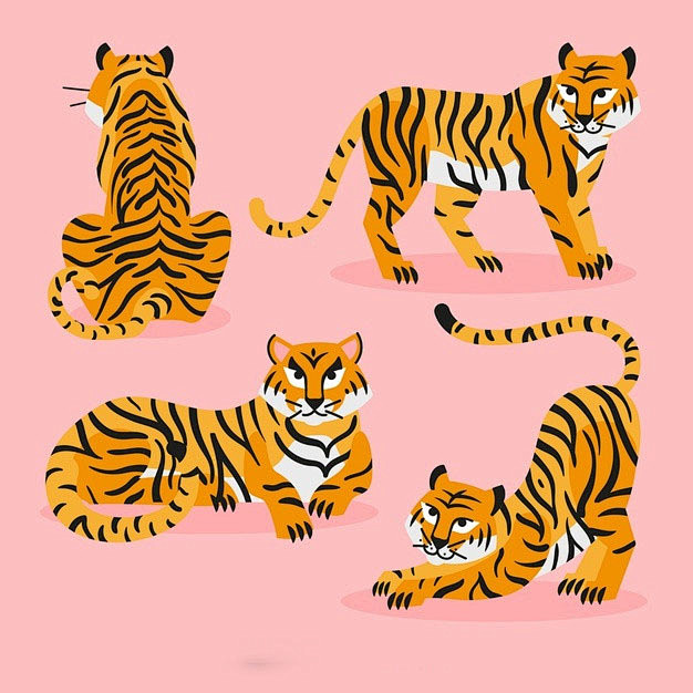 手绘老虎动作插画矢量图素材